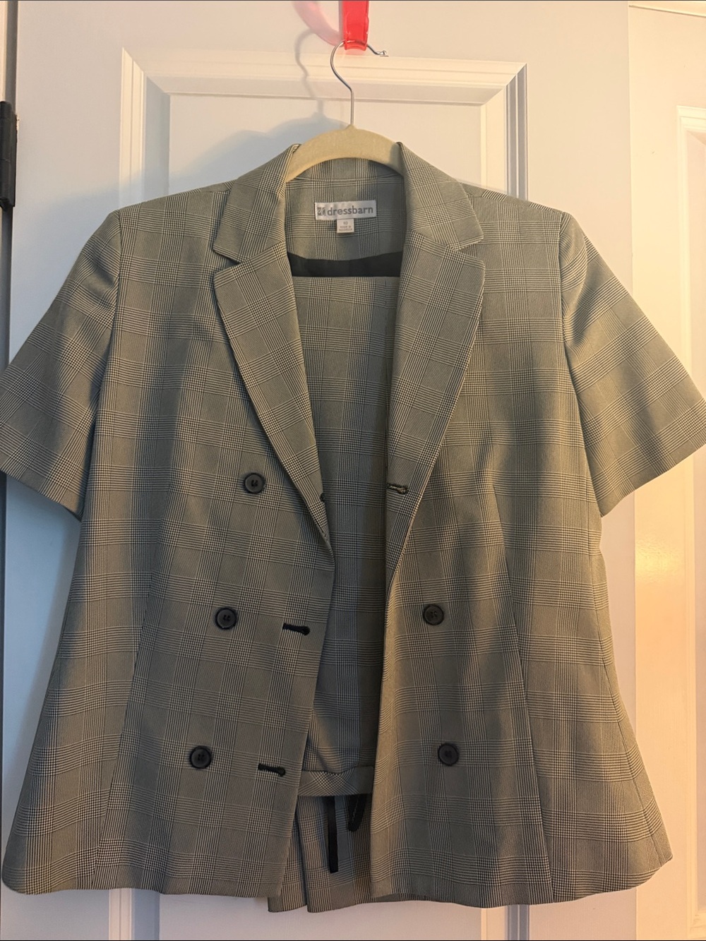 dressbarn Short-Sleeve Plaid Double-Breasted Blazer in Light Gray